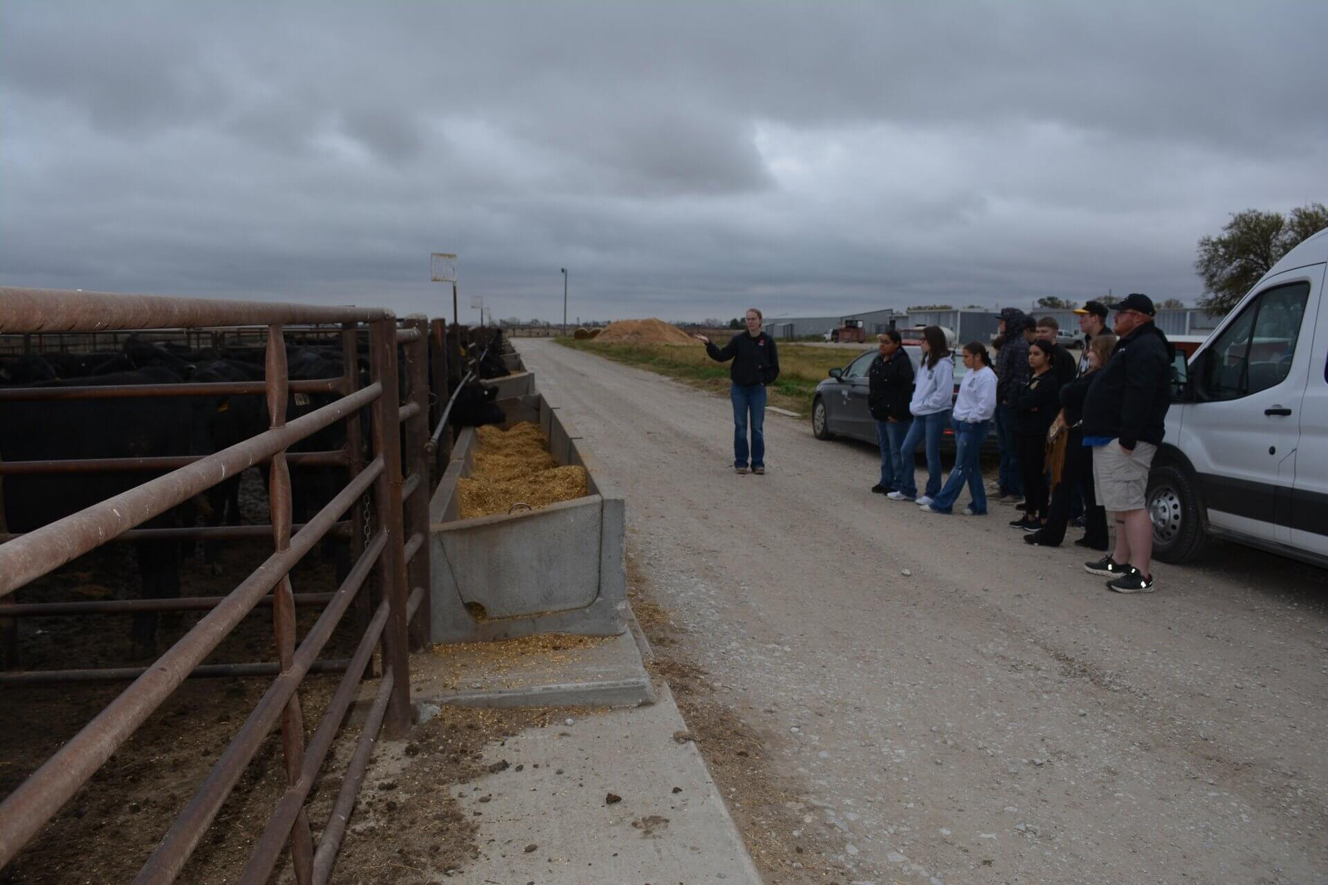 Lamar FFA Colorado students met with Rebecca McDermott at the ENREEC feedlot to learn about beef research and production.