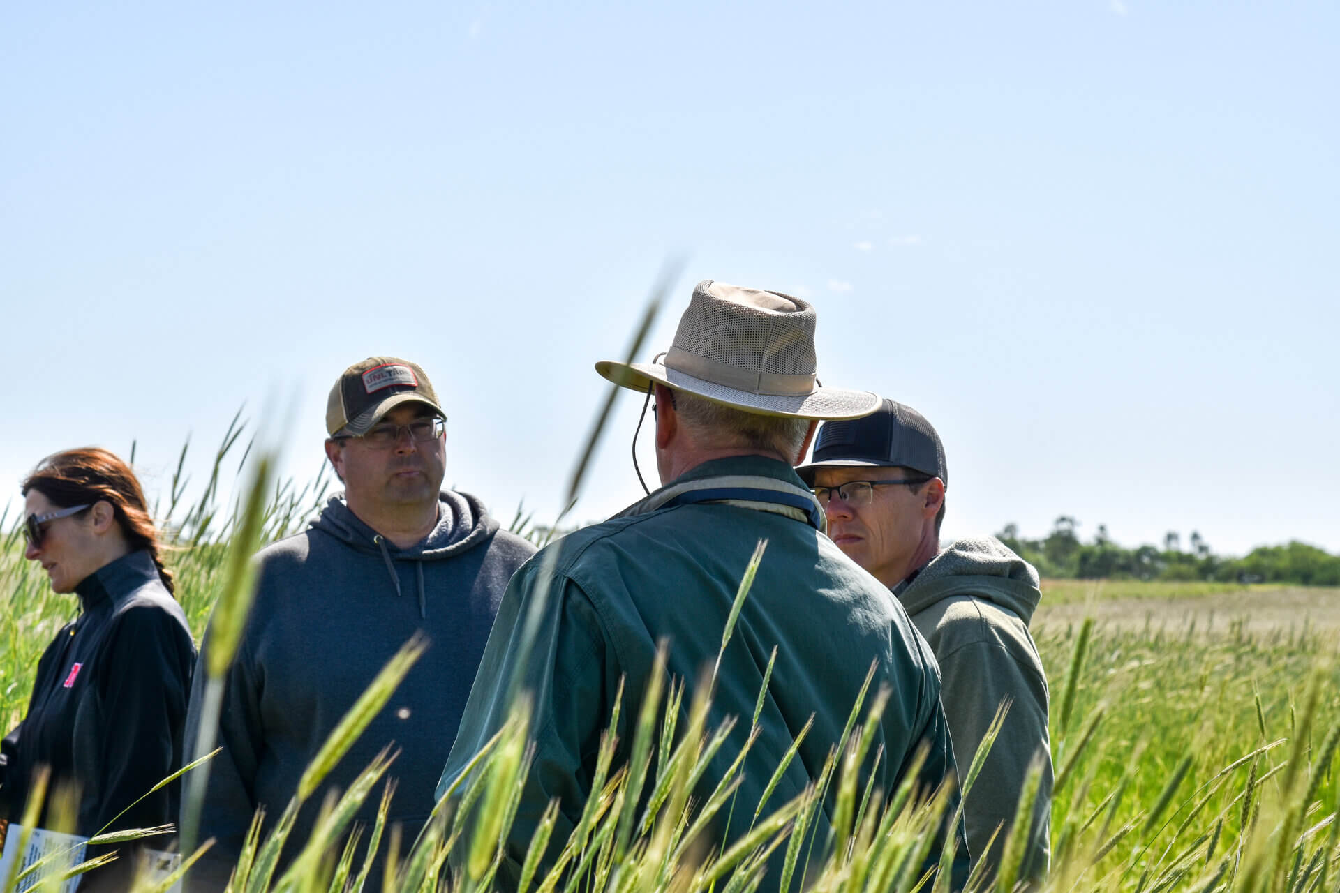 Producers and extension discussing roller crimping during demo 
