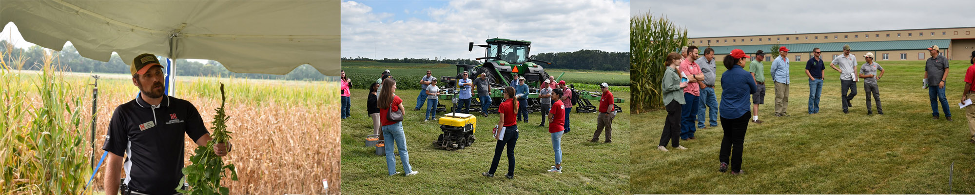 Justin McMechan discusses soybeans under a tent; group gathers for a tech presentation; participants visit with Aaron Nygren