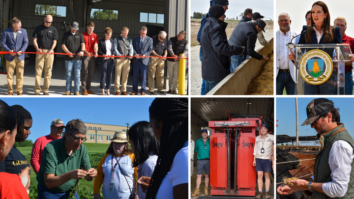 2025 ENREEC Review - NFarms ribbon cutting, visitors looking at feed at the Feedlot Innovation Center,USDA Secretary of Ag Brooke Rollins speaking at visit to ENREEC, Crop to Food interns observing soybeans close-up, Australian get their picture taken next to the working equipment at the Feedlot Innovation Center,  and an Agrifirm affiliate beef producers visiting a feedlot at ENREEC