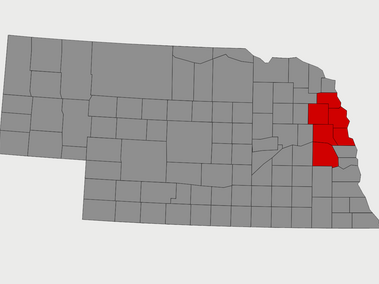 Map of Nebraska with Engagement Zone 8 counties in eastern Nebraska highlighted in red.