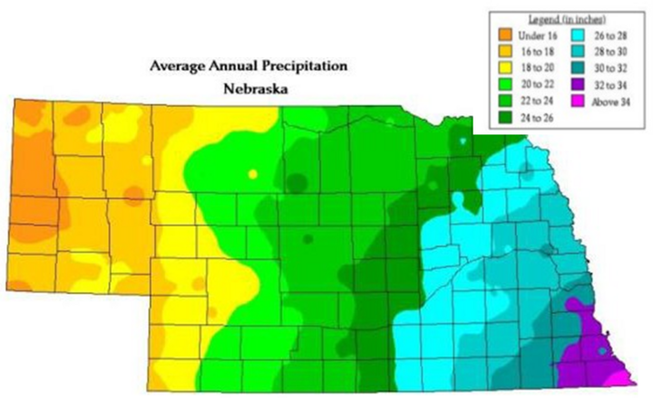 Nebraska average annual precipitation color coded map